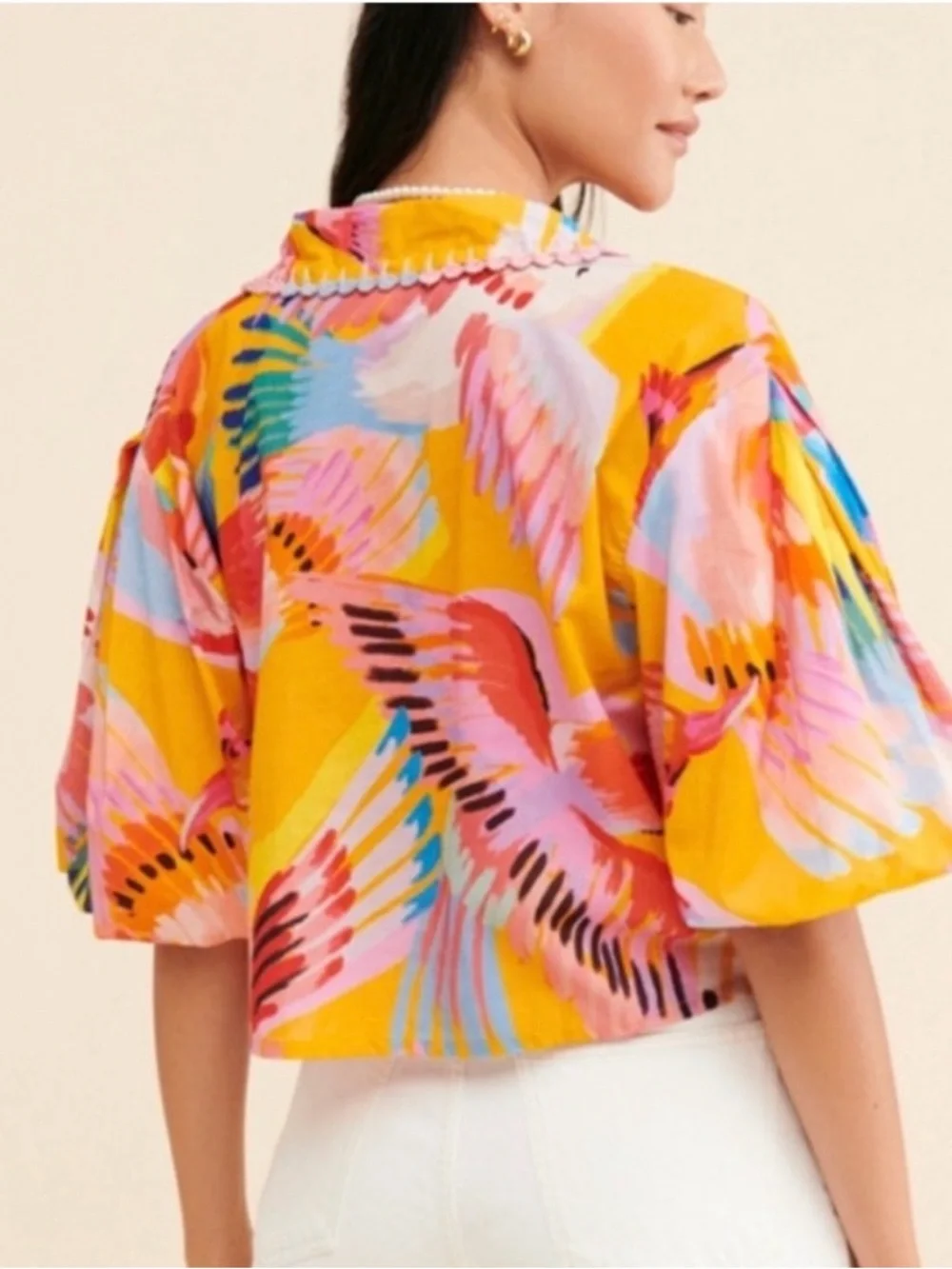 FARM Rio Neon Macaws Multicolor Button Front Scalloped Collar Cropped Top Blouse - Picture 2 of 16